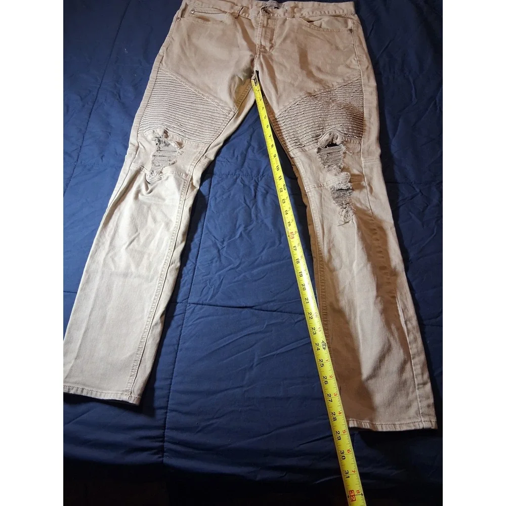 Bullhead Denim Co Mens 32 Stacked Skinny Moto‎ Distressed Tan Khaki Jeans Pants